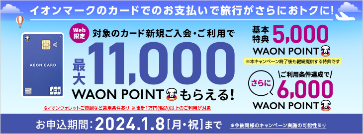 WEB限定 対象のカード新規ご入会・ご利用抽選で最大31,000円WAON POINT進呈